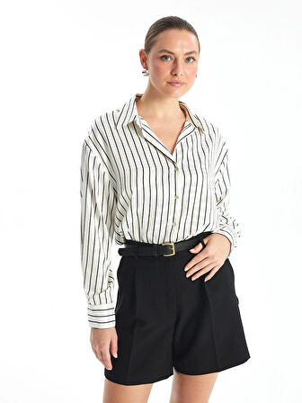 LCW Vision EKRU Çizgili Uzun Kollu Oversize Saten Kadın Gömlek