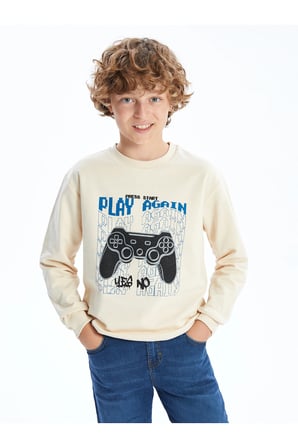 LCW Kids Bej Bisiklet Yaka Erkek Çocuk Sweatshirt