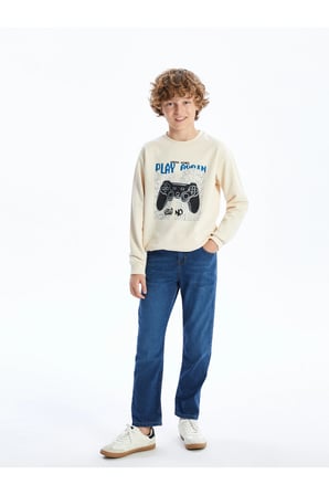 LCW Kids Bej Bisiklet Yaka Erkek Çocuk Sweatshirt