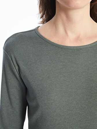 LCWAIKIKI Basic Yeşil Bisiklet Yaka Düz Uzun Kollu Kadın Body