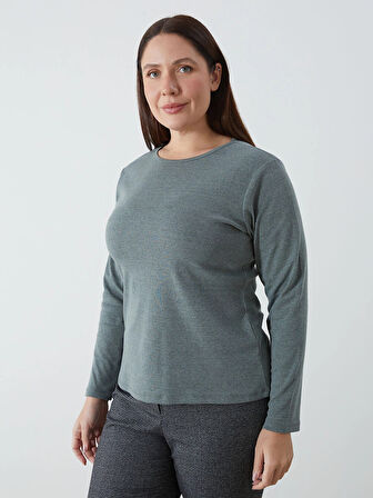 LCWAIKIKI Basic Yeşil Bisiklet Yaka Düz Uzun Kollu Kadın Body