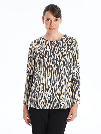 LCW Grace BEJ Bisiklet Yaka Desenli Kadın Tişört