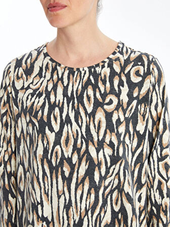 LCW Grace BEJ Bisiklet Yaka Desenli Kadın Tişört