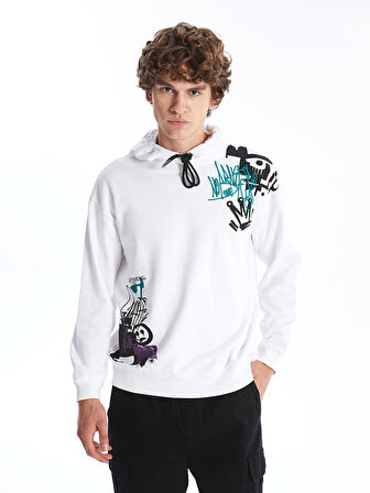 XSIDE Beyaz Uzun Kollu Baskılı Erkek Kalın Hoodie