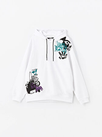 XSIDE Beyaz Uzun Kollu Baskılı Erkek Kalın Hoodie