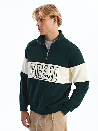 XSIDE YEŞİL Dik Yaka Uzun Kollu Renk Bloklu Erkek Kalın Sweatshirt