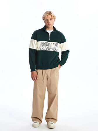 XSIDE YEŞİL Dik Yaka Uzun Kollu Renk Bloklu Erkek Kalın Sweatshirt