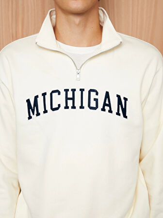 XSIDE BEJ Dik Yaka Uzun Kollu Nakışlı Erkek Kalın Sweatshirt