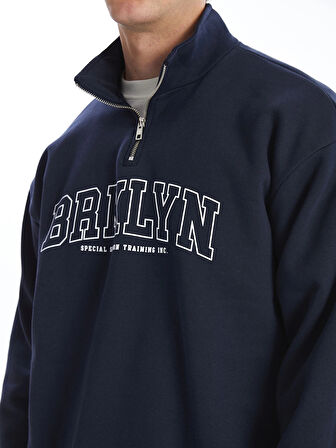XSIDE Lacivert Dik Yaka Uzun Kollu Baskılı Erkek Kalın Sweatshirt
