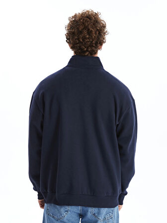 XSIDE Lacivert Dik Yaka Uzun Kollu Baskılı Erkek Kalın Sweatshirt