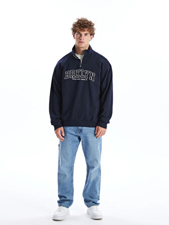 XSIDE Lacivert Dik Yaka Uzun Kollu Baskılı Erkek Kalın Sweatshirt