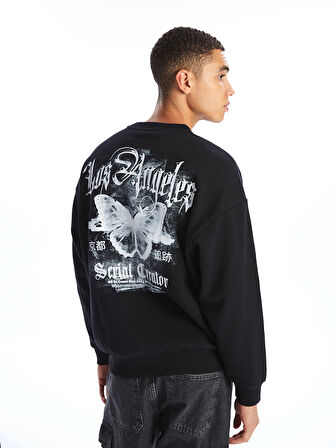 XSIDE Siyah Bisiklet Yaka Baskılı Erkek Kalın Sweatshirt