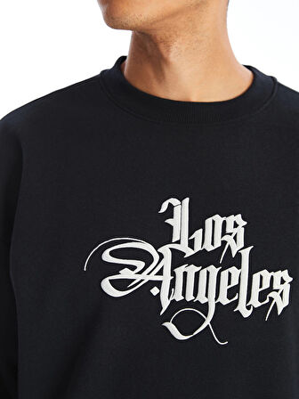 XSIDE Siyah Bisiklet Yaka Baskılı Erkek Kalın Sweatshirt