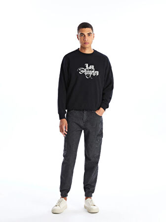 XSIDE Siyah Bisiklet Yaka Baskılı Erkek Kalın Sweatshirt