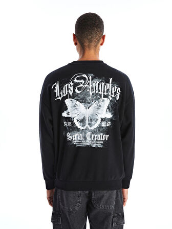 XSIDE Siyah Bisiklet Yaka Baskılı Erkek Kalın Sweatshirt