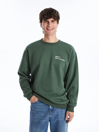 XSIDE Yeşil Bisiklet Yaka Baskılı Erkek Kalın Sweatshirt