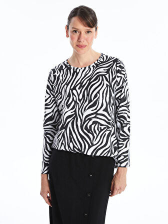 LCW Grace SİYAH Bisiklet Yaka Desenli Kadın Tişört