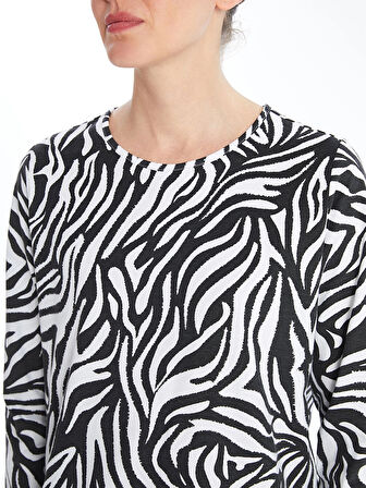 LCW Grace SİYAH Bisiklet Yaka Desenli Kadın Tişört