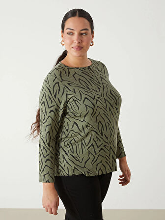 LCW Grace Haki Bisiklet Yaka Desenli Kadın Tişört