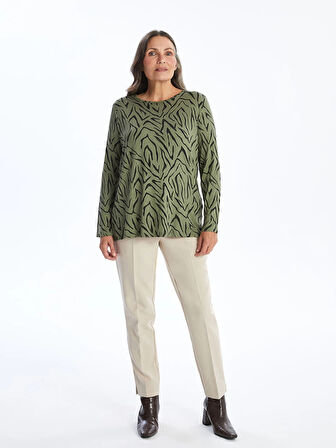 LCW Grace Haki Bisiklet Yaka Desenli Kadın Tişört