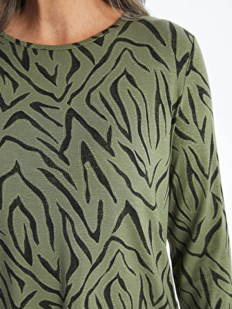 LCW Grace Haki Bisiklet Yaka Desenli Kadın Tişört