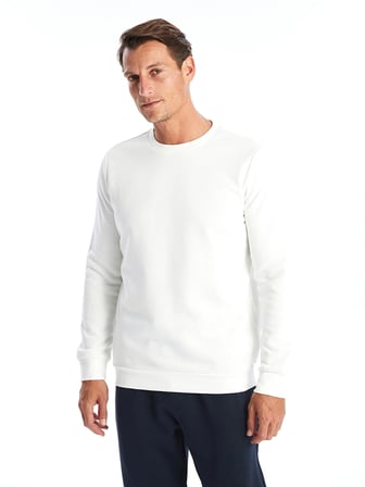 LCWAIKIKI Basic Beyaz Bisiklet Yaka Uzun Kollu Erkek Kalın Sweatshirt
