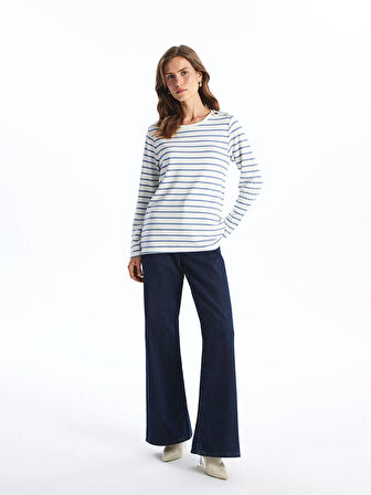 LCWAIKIKI Basic MAVİ Bisiklet Yaka Çizgili Kadın Tişört