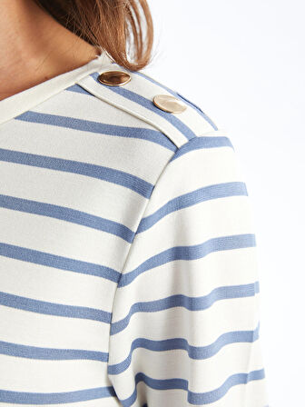 LCWAIKIKI Basic MAVİ Bisiklet Yaka Çizgili Kadın Tişört