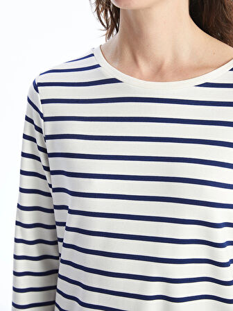 LCWAIKIKI Basic LACİVERT Bisiklet Yaka Çizgili Kadın Tişört