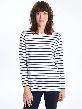 LCWAIKIKI Basic LACİVERT Bisiklet Yaka Çizgili Kadın Tişört