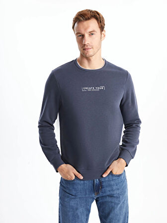 LCWAIKIKI Classic ANTRASİT Bisiklet Yaka Uzun Kollu Baskılı Erkek Kalın Sweatshirt