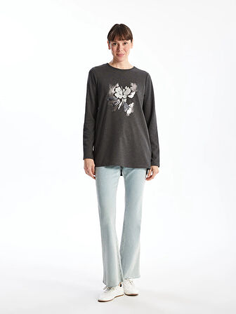 LCWAIKIKI Basic Antrasit Bisiklet Yaka Baskılı Kadın Tişört