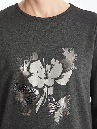 LCWAIKIKI Basic Antrasit Bisiklet Yaka Baskılı Kadın Tişört