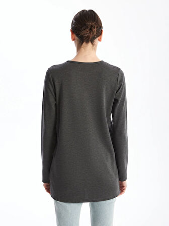 LCWAIKIKI Basic Antrasit Bisiklet Yaka Baskılı Kadın Tişört