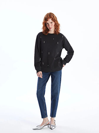 LCW Vision Siyah Bisiklet Yaka Parlak Taşlı Kadın Kalın Sweatshirt