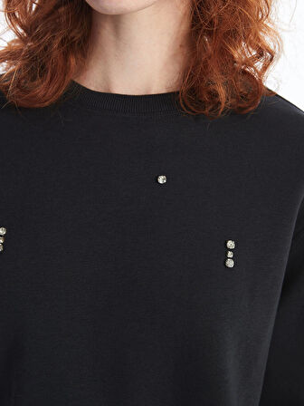 LCW Vision Siyah Bisiklet Yaka Parlak Taşlı Kadın Kalın Sweatshirt