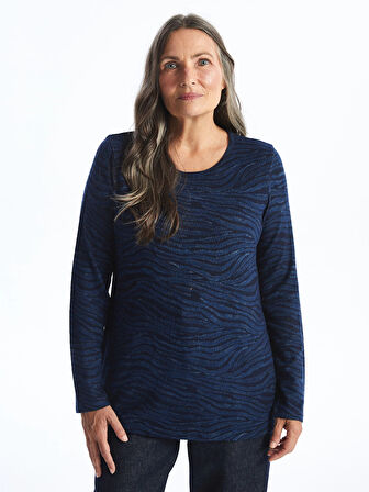 LC WAIKIKI LACİVERT Bisiklet Yaka Desenli Uzun Kollu Kadın Bluz