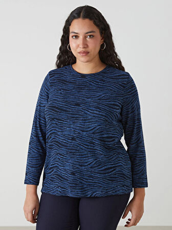 LC WAIKIKI LACİVERT Bisiklet Yaka Desenli Uzun Kollu Kadın Bluz
