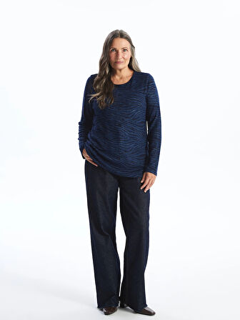 LC WAIKIKI LACİVERT Bisiklet Yaka Desenli Uzun Kollu Kadın Bluz