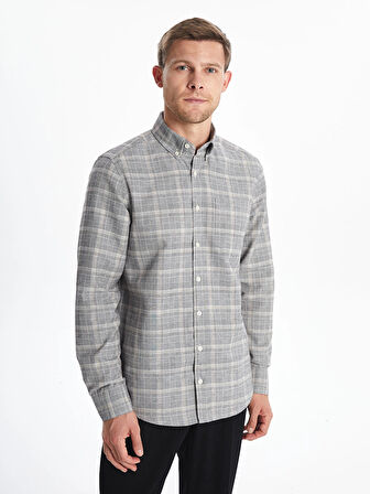 LCWAIKIKI Classic Gri Regular Fit Uzun Kollu Ekose Gabardin Erkek Gömlek