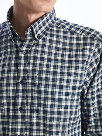 LCWAIKIKI Classic Lacivert Düğmeli Yaka Ekose Regular Fit Erkek Gömlek
