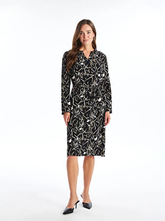 LCW Grace SİYAH Kaçık Yaka Desenli Kadın Elbise
