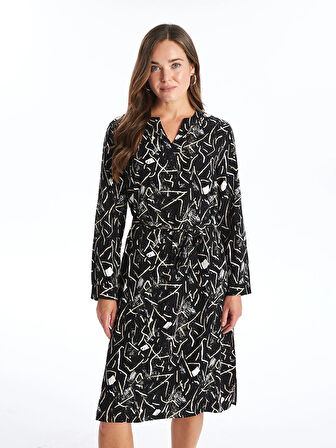 LCW Grace SİYAH Kaçık Yaka Desenli Kadın Elbise