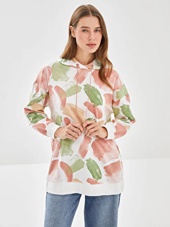 LCW Modest Pembe Kapüşonlu Desenli Kadın Sweatshirt Tunik