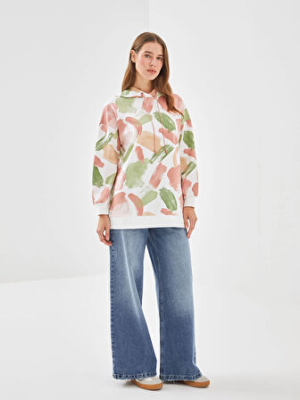 LCW Modest Pembe Kapüşonlu Desenli Kadın Sweatshirt Tunik