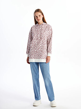 LCW Modest Mürdüm Kapüşonlu Leopar Desenli Kadın Sweatshirt Tunik