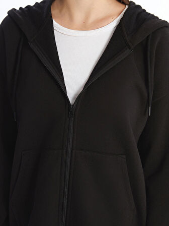 LCW Vision Siyah Kapüşonlu Oversize Kadın Kalın Fermuarlı Sweatshirt