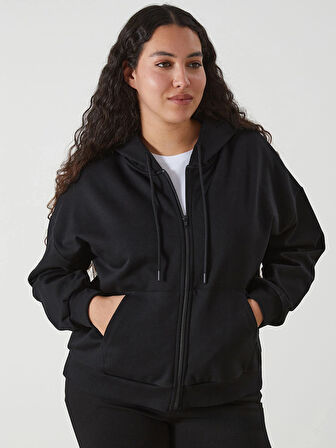 LCW Vision Siyah Kapüşonlu Oversize Kadın Kalın Fermuarlı Sweatshirt