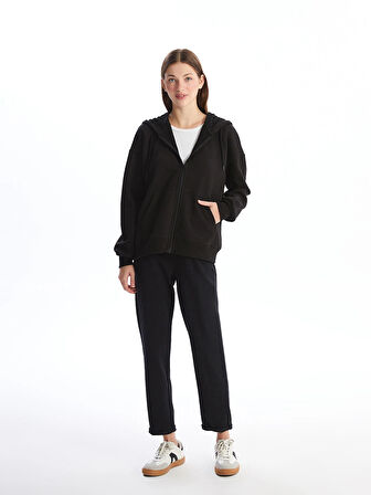 LCW Vision Siyah Kapüşonlu Oversize Kadın Kalın Fermuarlı Sweatshirt