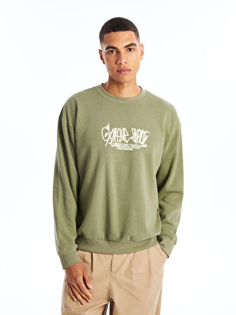 XSIDE YEŞİL Bisiklet Yaka Uzun Kollu Baskılı Erkek Kalın Sweatshirt